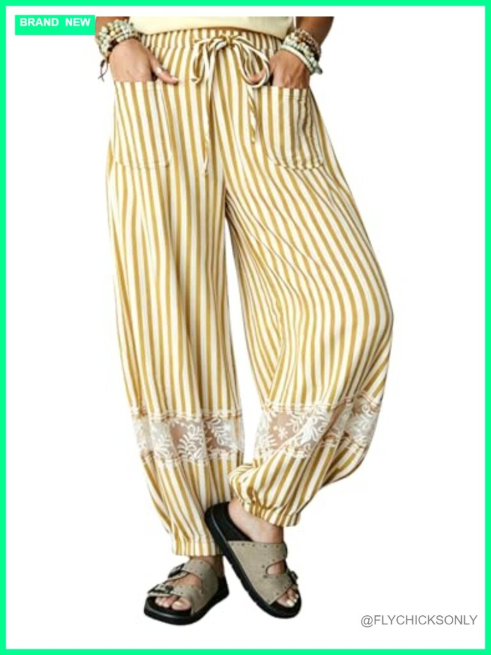 Women Striped Harem Pants Lace Patchwork Drawstring Casual Trousers